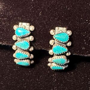 Vintage Zuni Style Turquoise Sterling Silver Cluster Screw Back Earrings